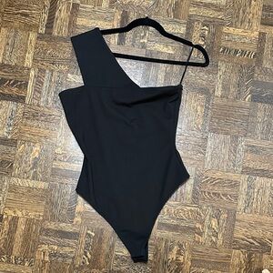 Super Down Black One-Shoulder Bodysuit